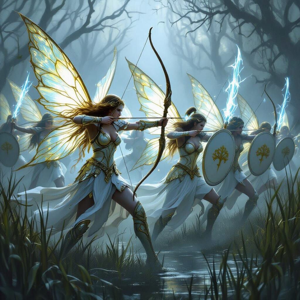 Warrior fairy's of the Tuatha de dannan  are dressed in white armor with their gold fairy wings and long white shields, blue swords, and the...