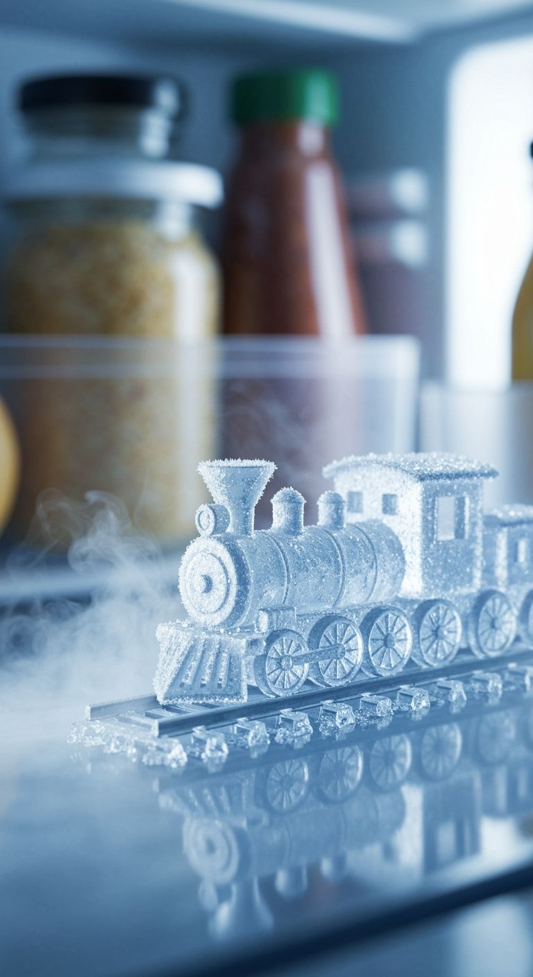 Tiny ice train inside a refrigerator, fully carved from translucent frozen ice, miniature icy tracks, cold vapor mist, soft refrigerator lig...