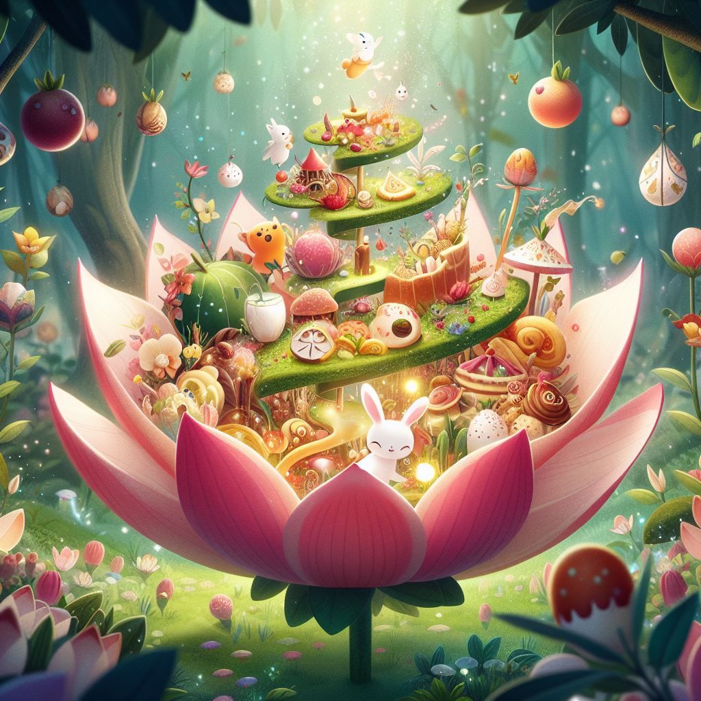 An enchanting food-themed world within the petals of a blossoming flower