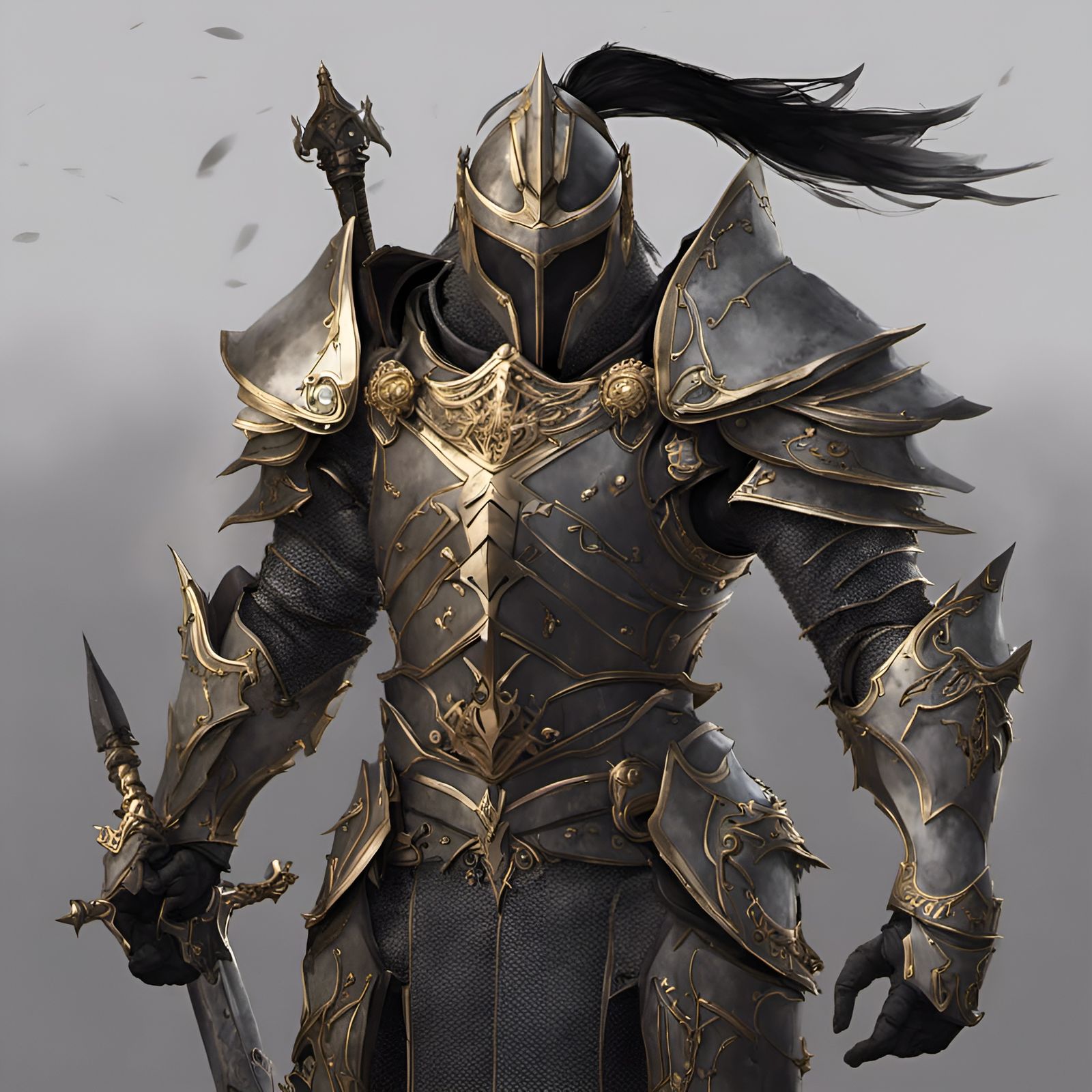 He is a large intimidating Knight with ash colored armor and gold trim ...