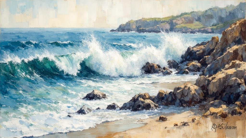 Expressionist, abstract, stylised, aquarelle, waves crash along a rocky coastline, Fernando Vieira, Klimt, Henri Matisse. Negative space, de...