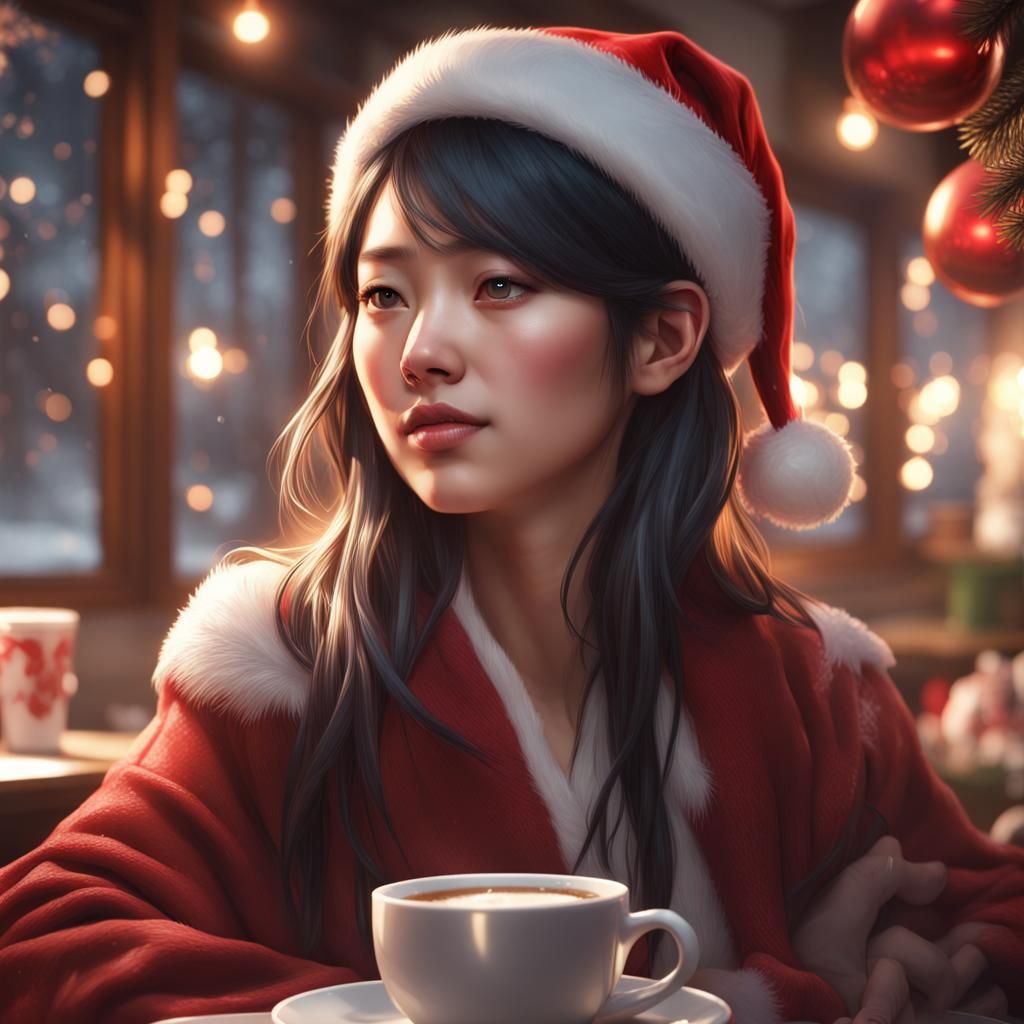 Korean Girl Christmas Cafe Portrait in Art Nouveau Style