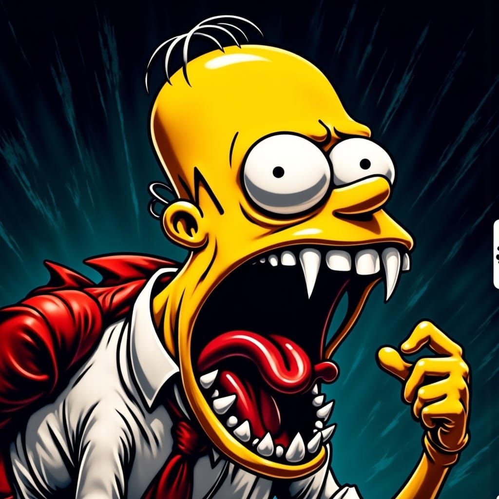  <lora:Screamo Flux Edition:1.0> Homer Simpson screaming screamo insanely with sharp teeth