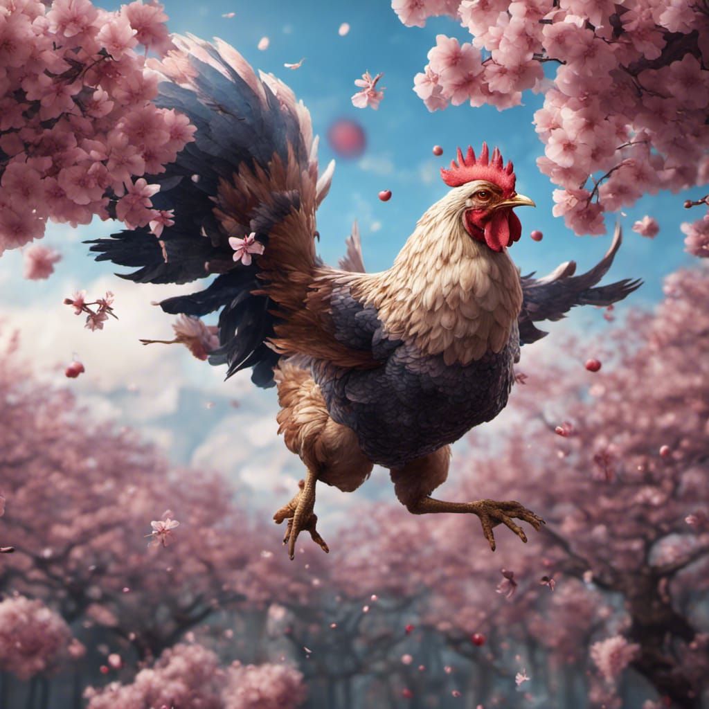 Chicken flying to get flowers from a sky full of cherry blos...