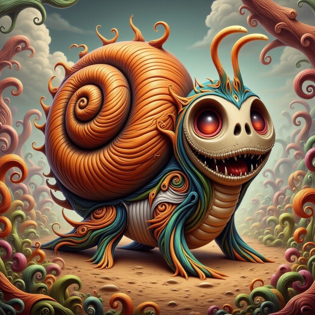 <lora:-Jack Snailington-:1.0> a lion snail hybrid charging towards the viewer