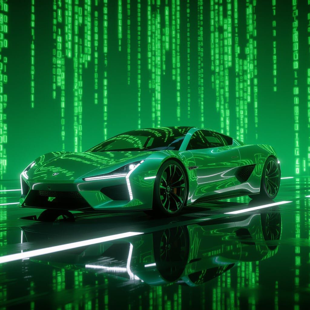 Green matrix vidw of a furistic car