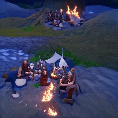 Viking tribe around a campfire, drinking mead, and waiting o...