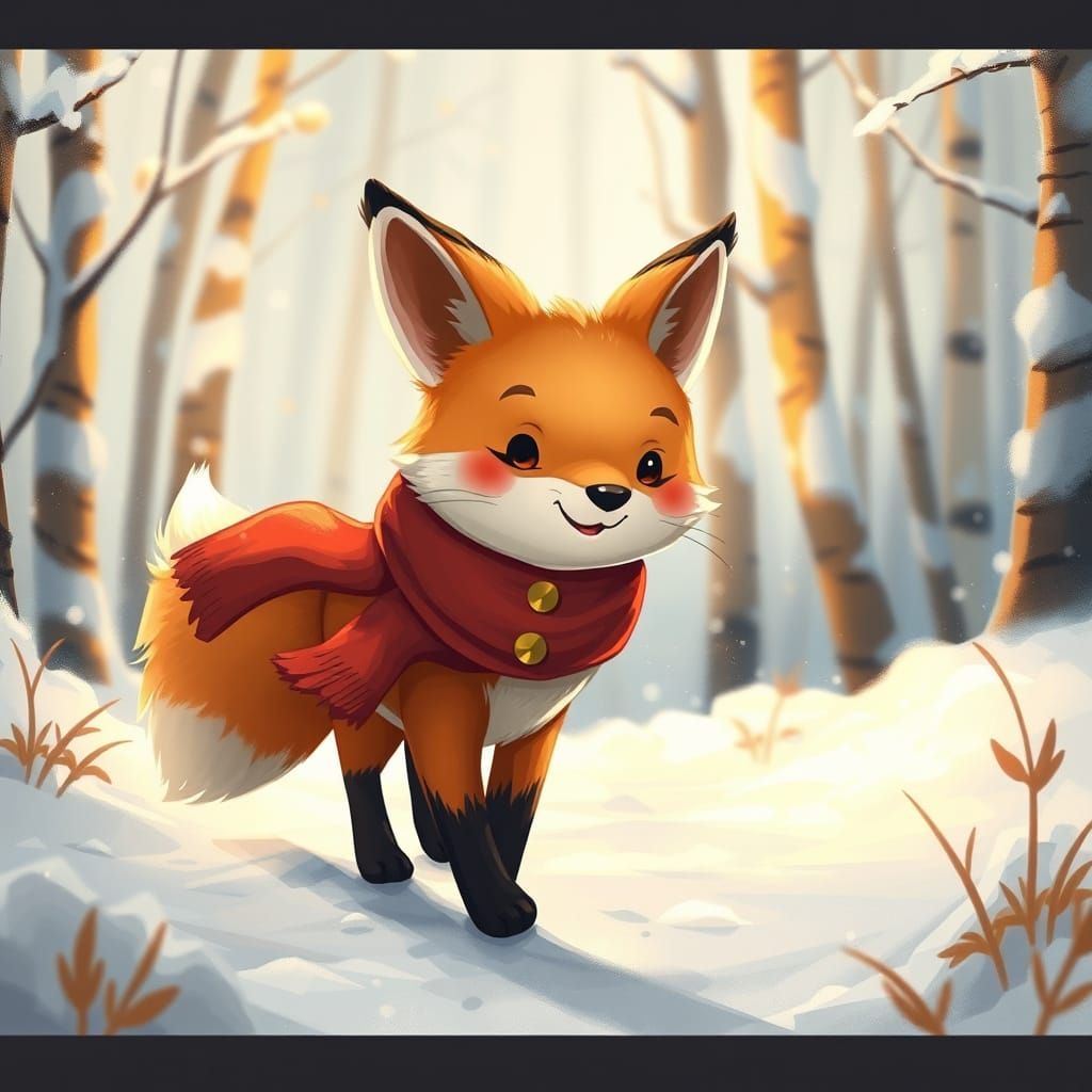 Fox in Snowy Forest: Warm Light, Soft Strokes