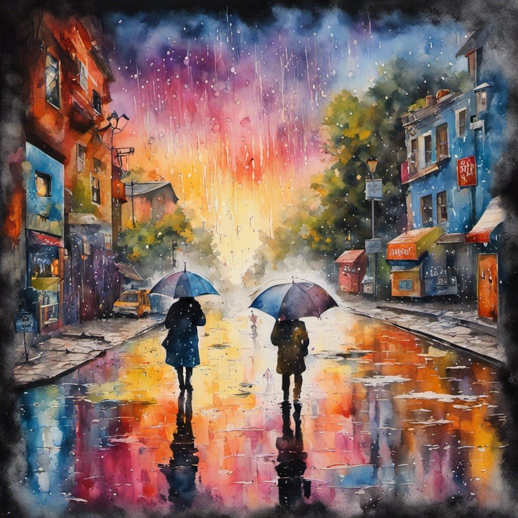 Watercolor Landscape with Rain, 2 people holding an umbrella, graffiti art  by @Shizzy