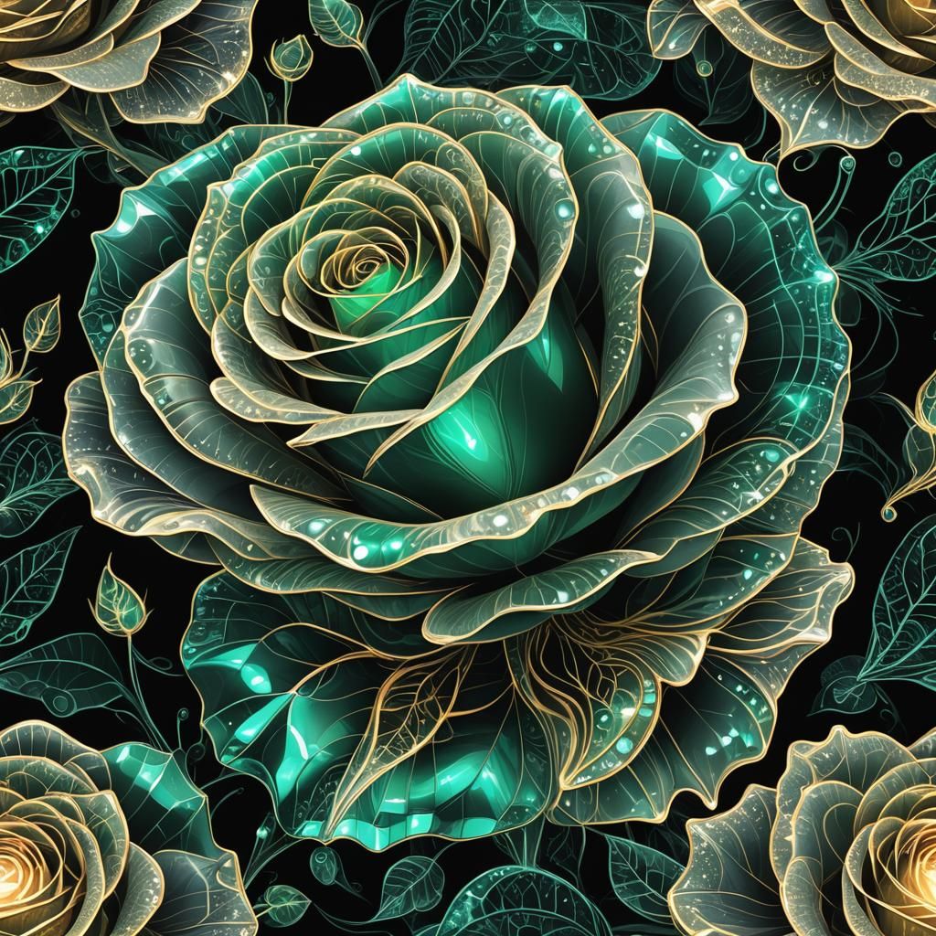 transparent bioluminescent single emerald crystal rose
 on a black background.   by @POP WIZARD