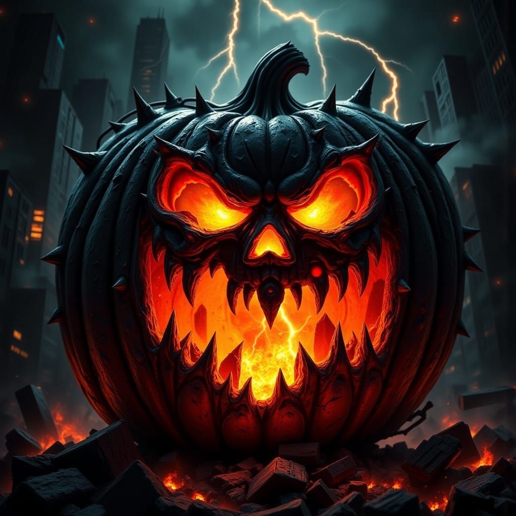 an epic internally glowing Jack O' Lantern with flickering amber illumination, by Twisted Ink <lora:Super Villains:1.0> 