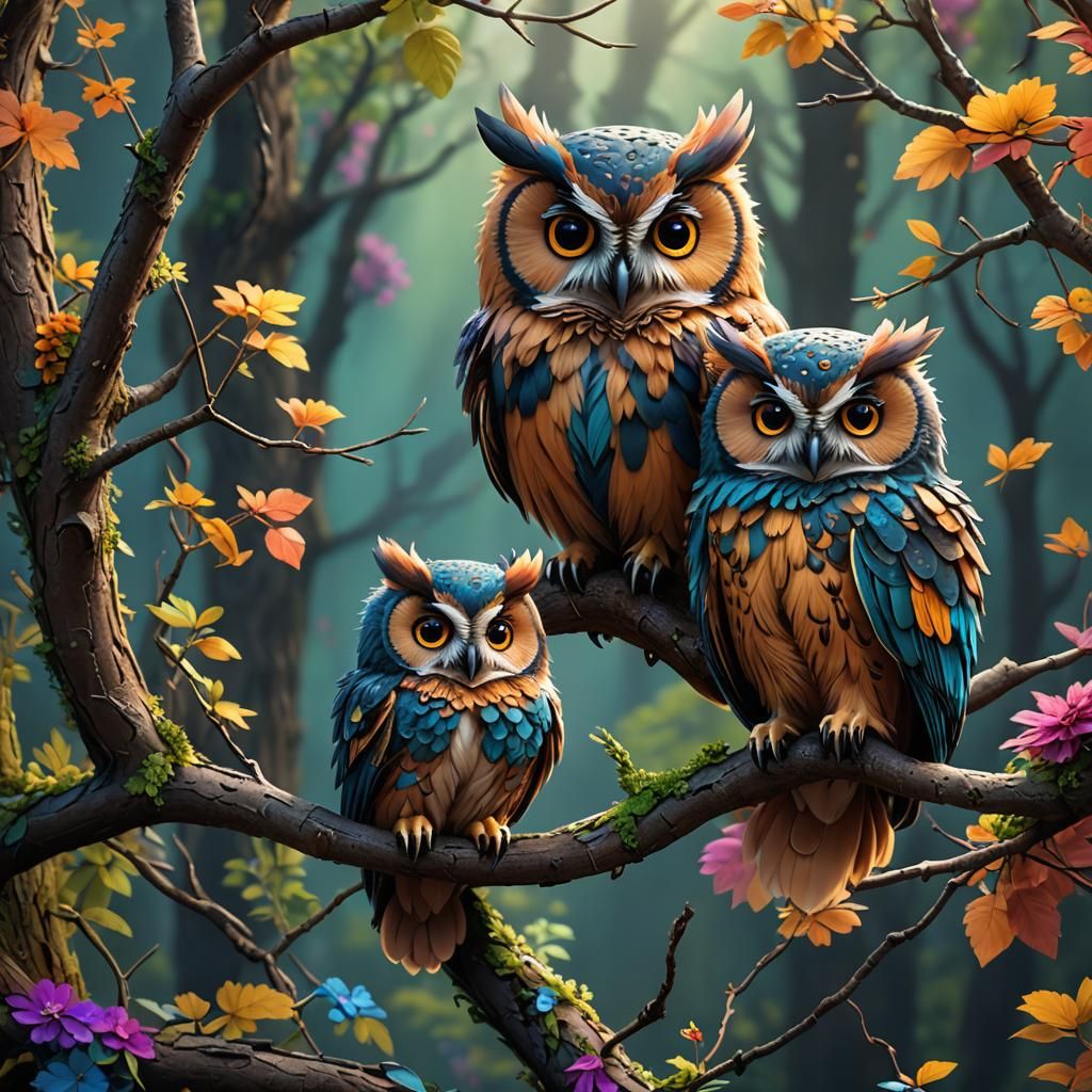 3 cute colorful fluffy owls sitting on a branch.