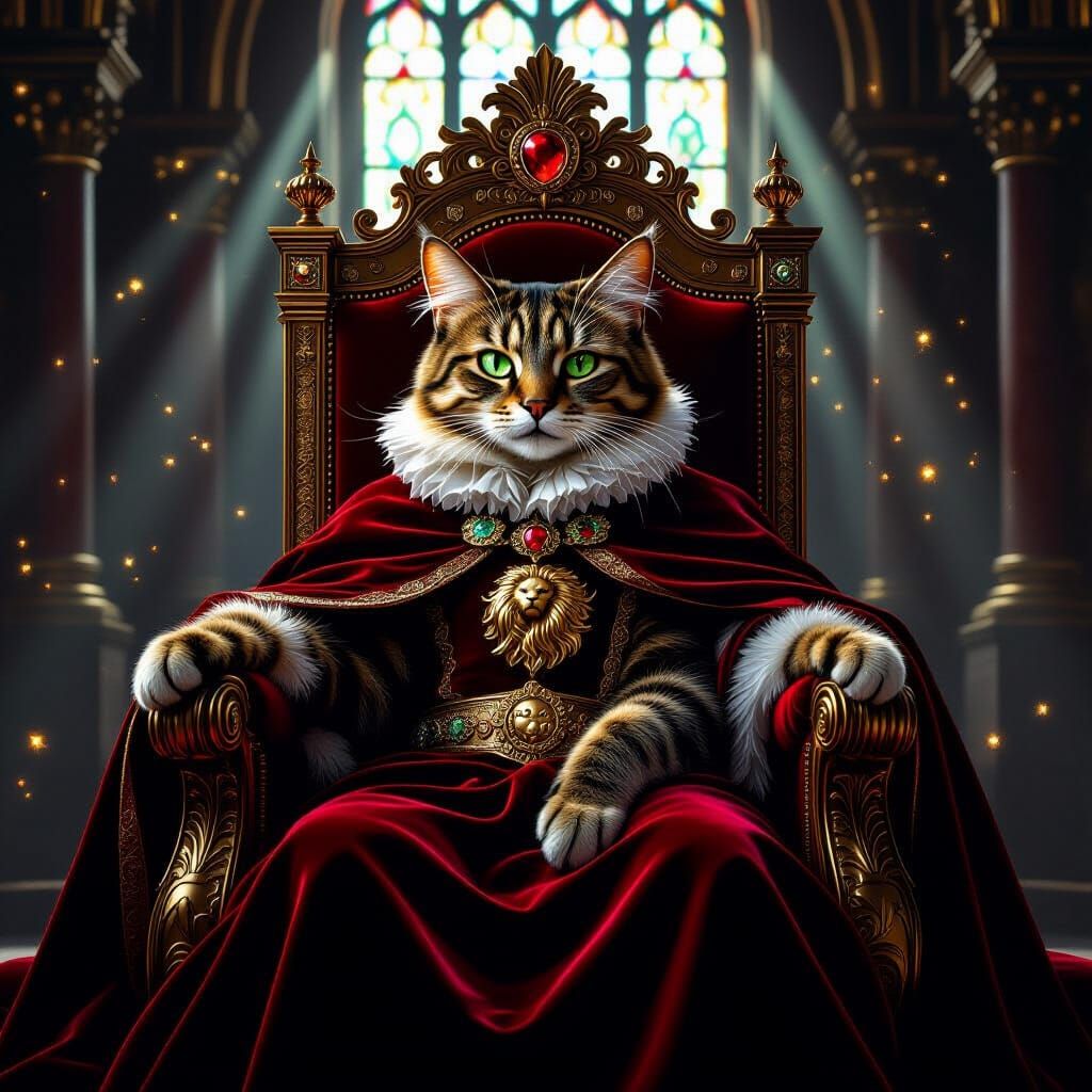 Regal Cat on Ornate Throne in Moonlit Hall