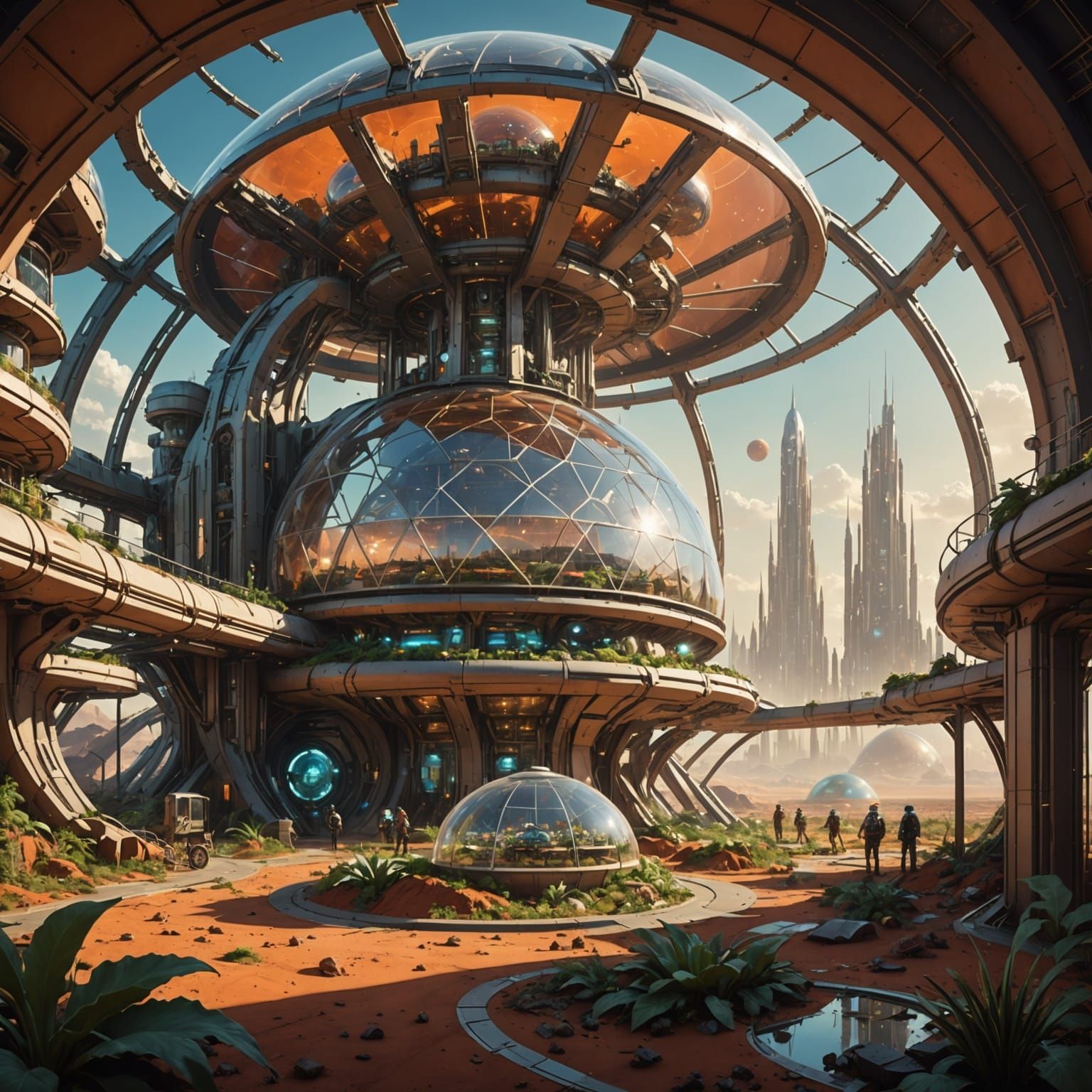 A panoramic view of a Martian cityscape encased in a colossal transparent dome, with towering, organic-inspired architecture reaching toward...