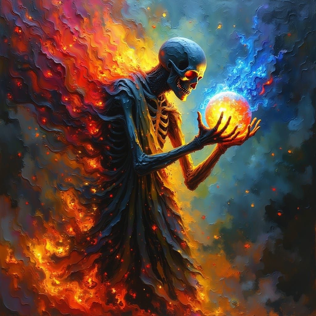 <lora:MJ6 SciFi Aliens:1.0> Abstract oil painting of an alien holding a crystal ball in the style of Expressionism. The painting features vi...