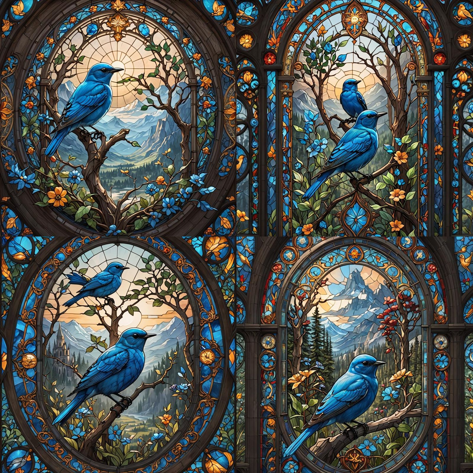 STAINED GLASS CATHEDERAL ROUND-MOUNTAIN BLUEBIRD- BIRD detai...