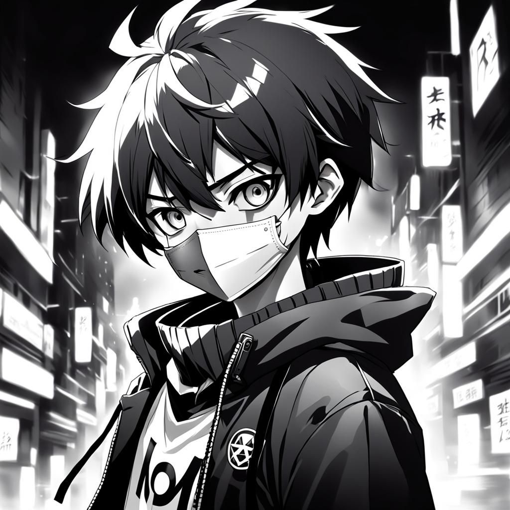 Black and white manga style image of a boy wearing a mask.