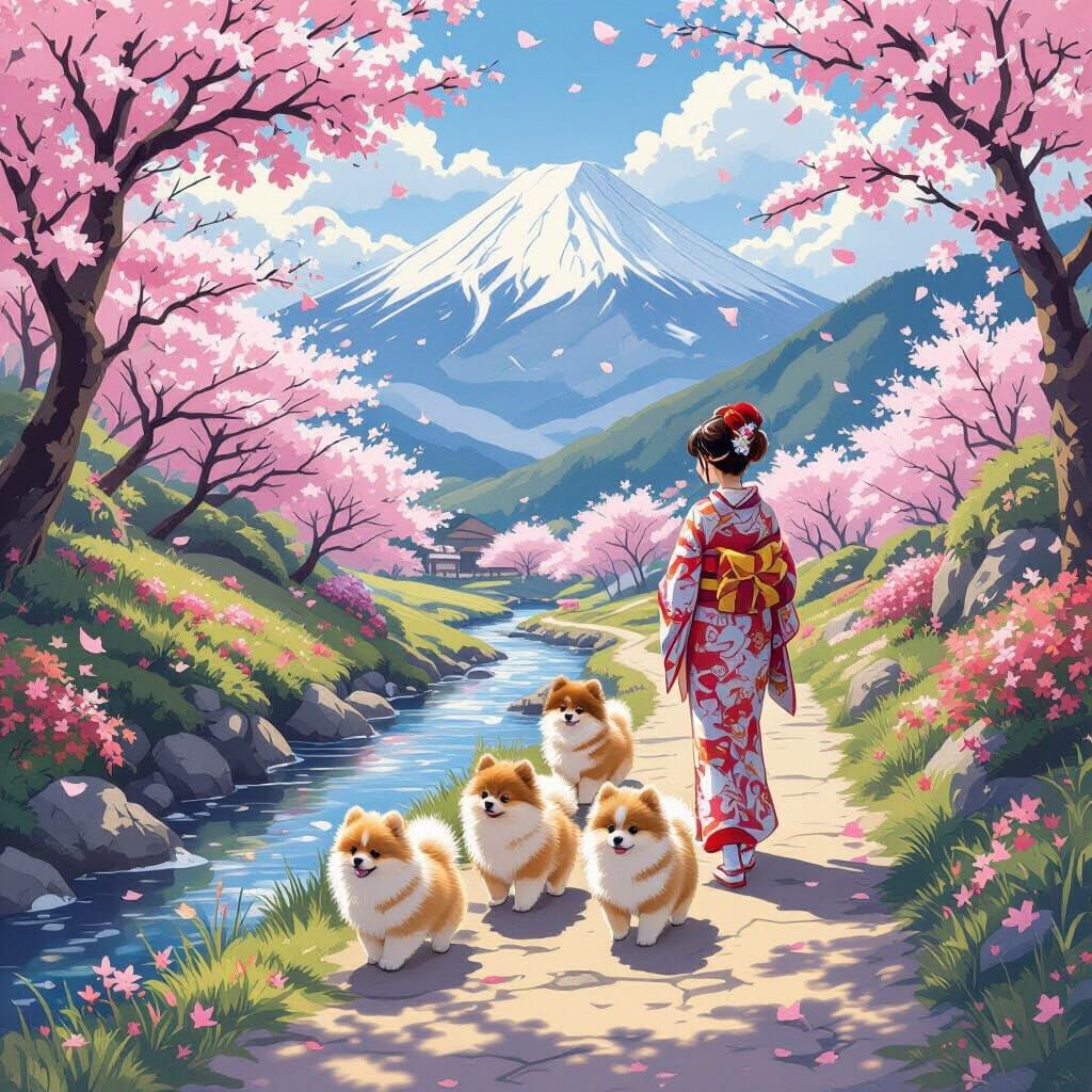Different colored pomeranian puppies walking along a path thats next to a creek, beautiful japanese girl follows them. S...