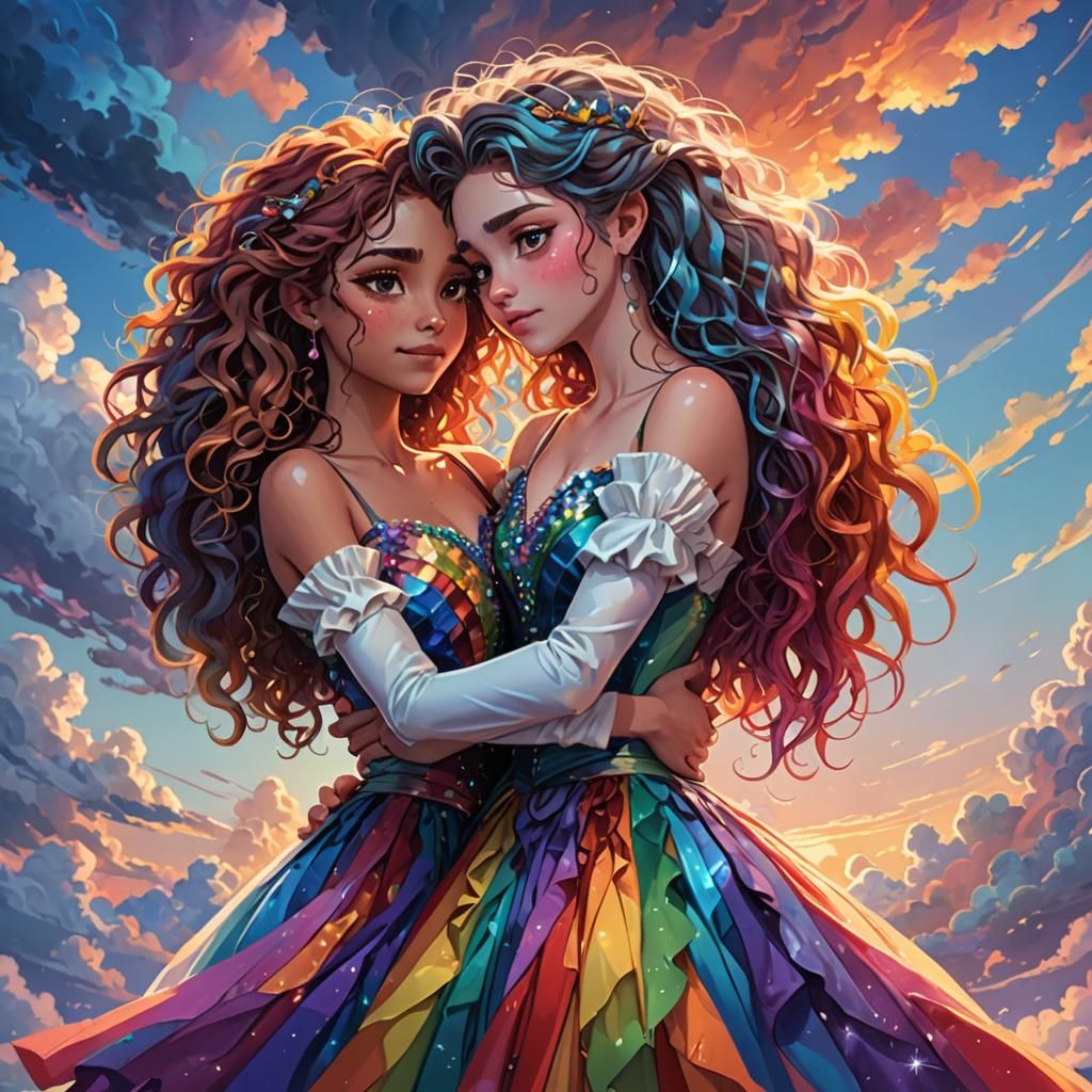 Two women standing next to each other, holding each other, e...