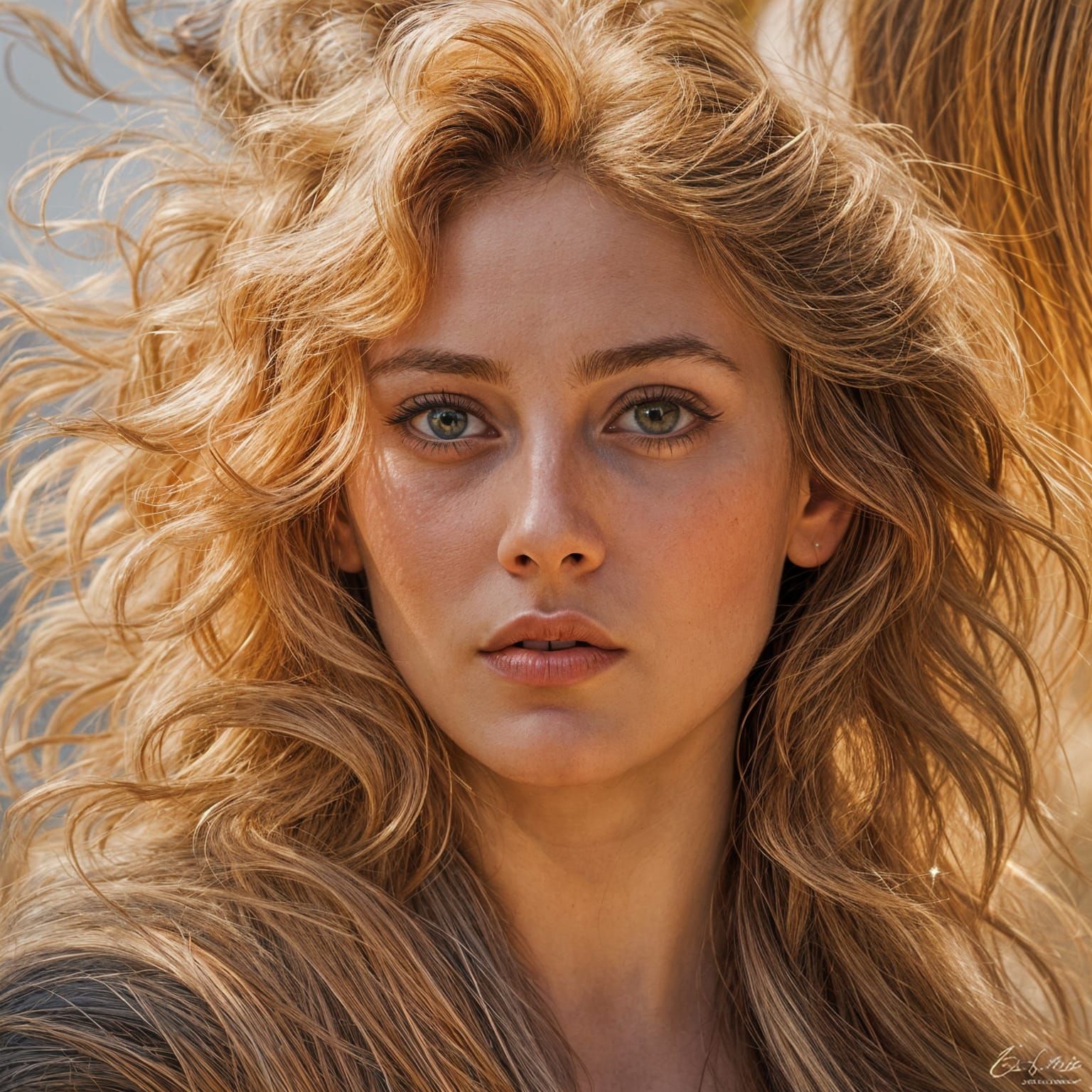 A beautiful woman with thick reddish-blonde sun-streaked hai...