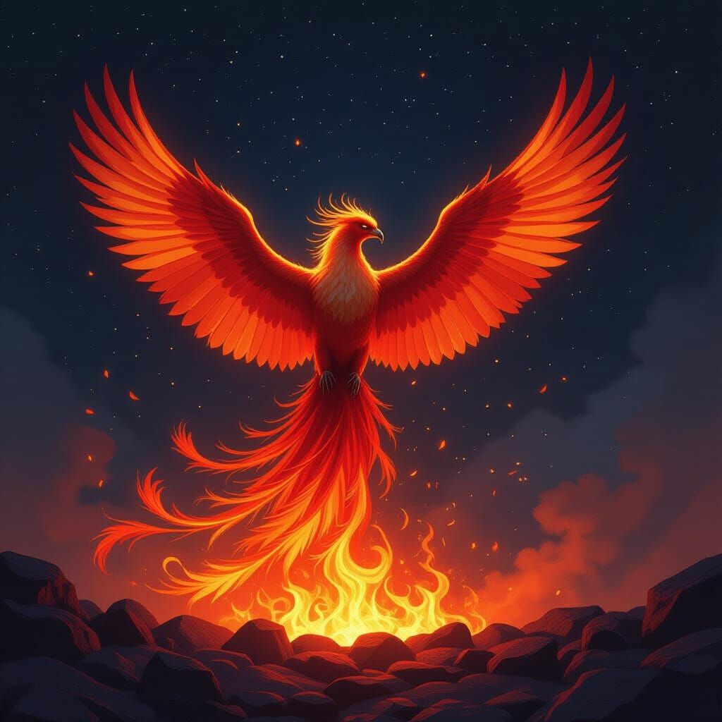 A majestic phoenix rising from a bed of glowing embers, its feathers a cascade of fiery oranges and reds, set against a backdrop of a dark, ...