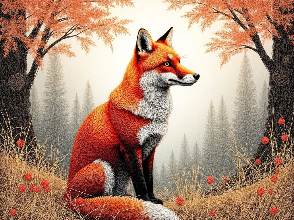 <lora:Fine line string:1.0> fine line string art, red fox in a woodland