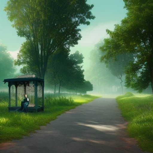Bus stop summer trees rural bright green white