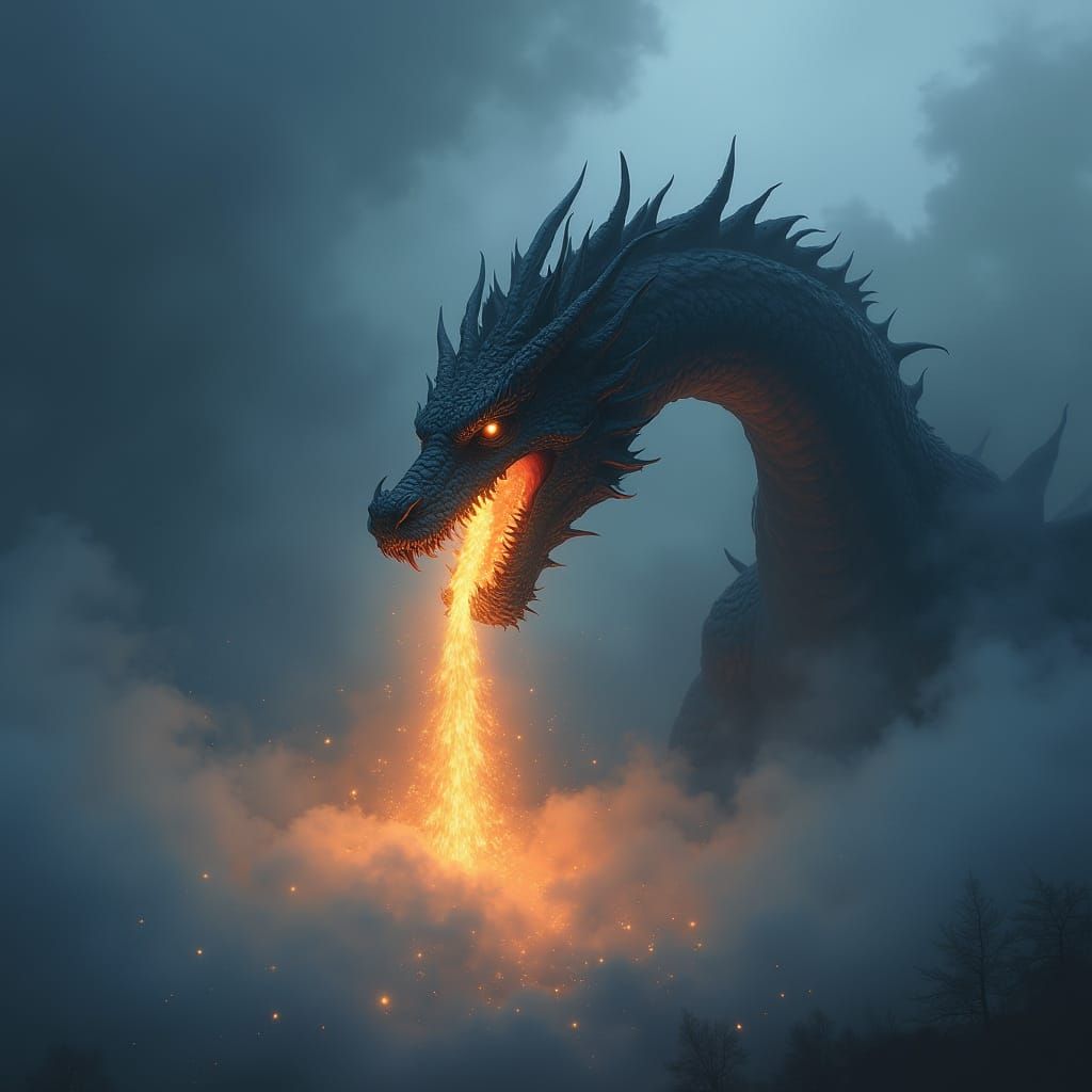 A large dragon in ominous colors against a backdrop of heavy fog and clouds opens its mouth and releases a stream shaped like a human figure...