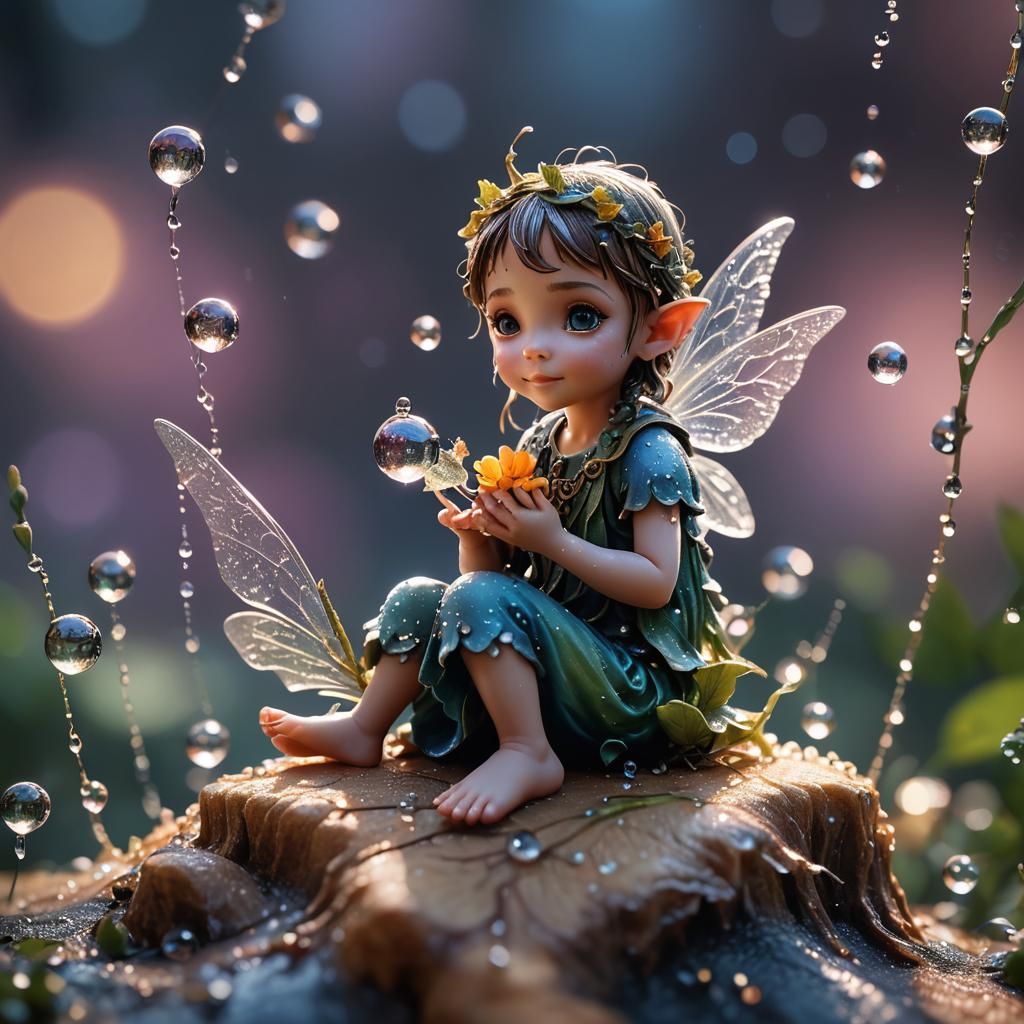 Macro photography of a tiny fairy sitting on a hand. Dewdrop...