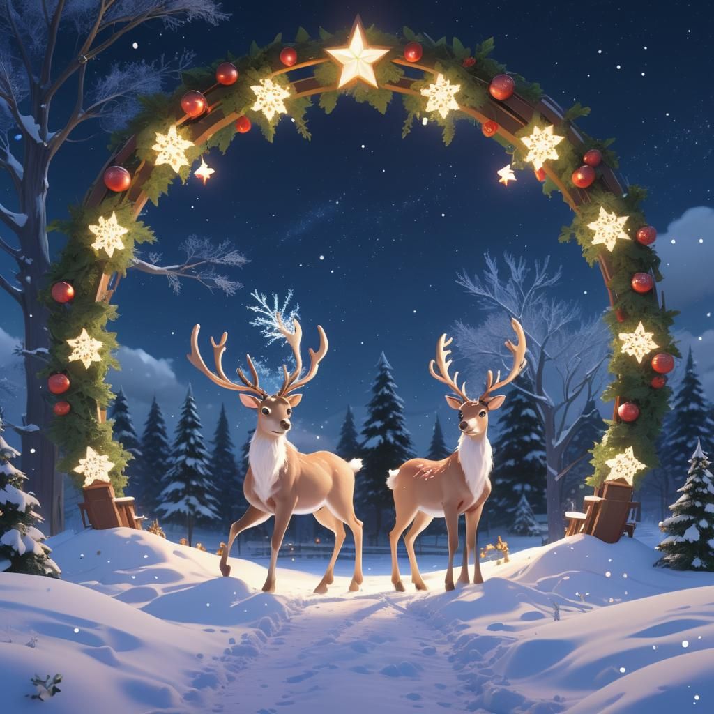 Reindeer beneath a glowing Christmas arch adorned with lights