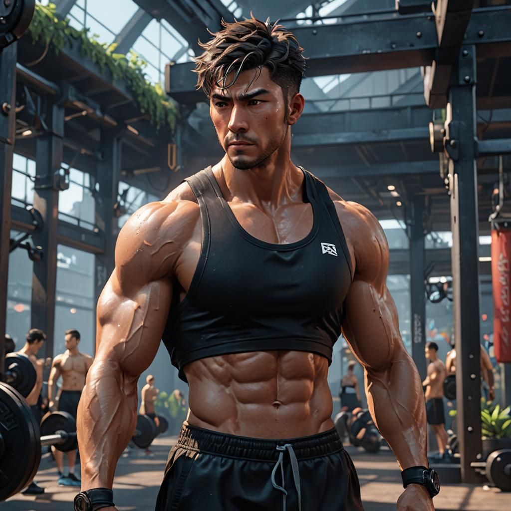 A man sweating from a workout detailed matte painting, deep ...
