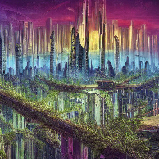 Ancient Tree Towering Over Futuristic Metropolis in Dreamlik...