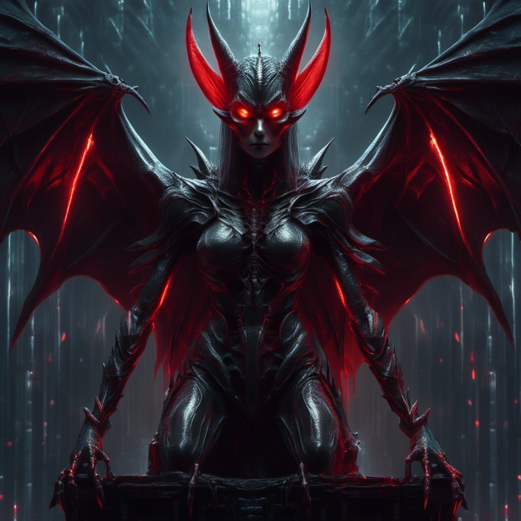 Ultra Realistic full body portrait of evil female gargoyle, sharp bat wings, in neon lit dark background, glowing red eyes, <lora:Wild Storm...