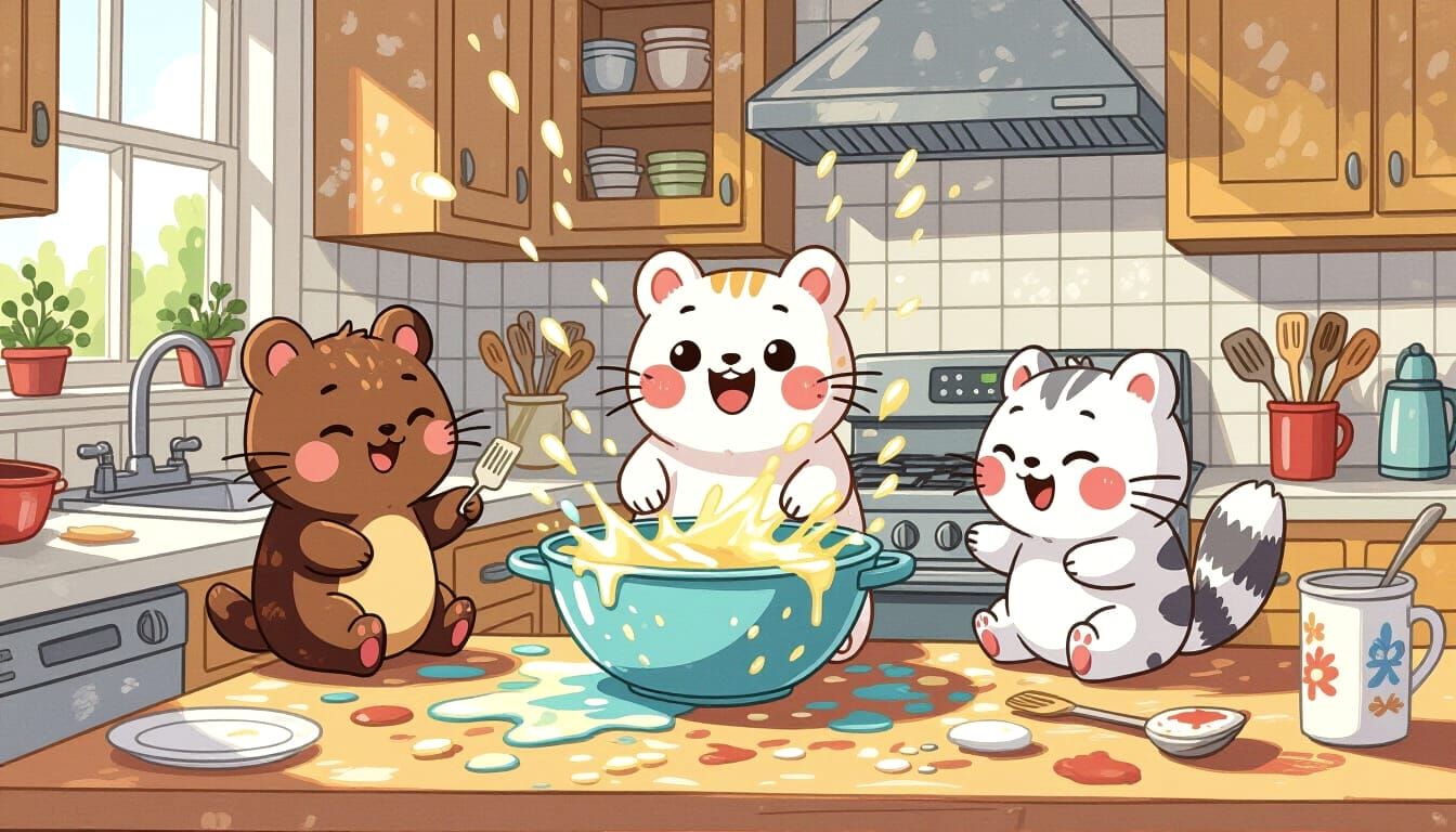 Cute Forest Critters Make Kitchen Chaos in Ink Splash Art