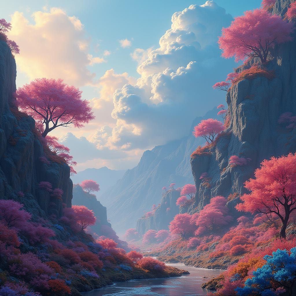 Dreamlike Fantasy Realm with Iridescent Flora