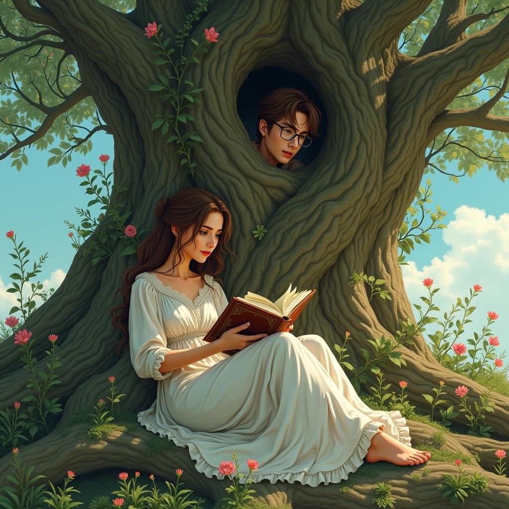 Shot of medium build brown haired woman reading a book under a tree while a brown haired, glasses wearing man is on the branch above her 