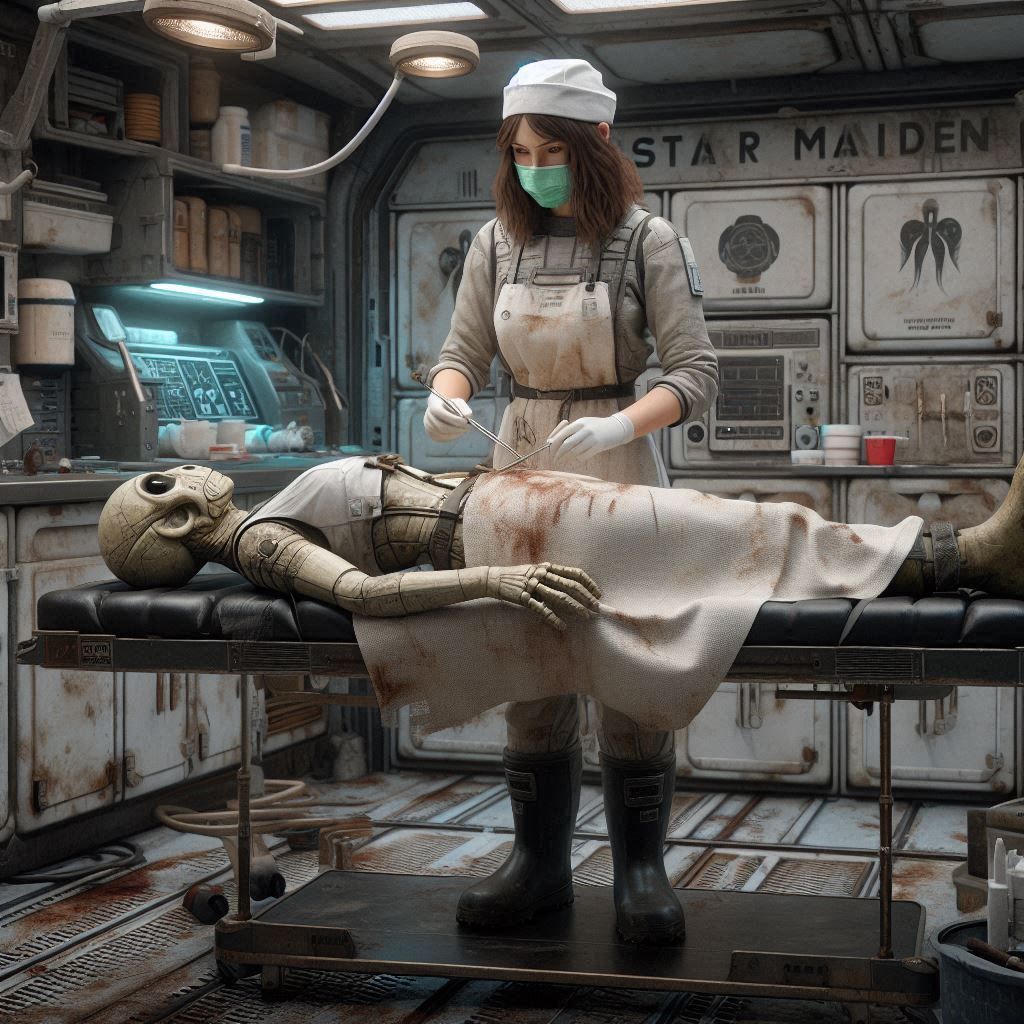 The doc is performing surgery in the medical bay of an old s...