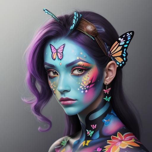 Medium shot of a beautiful woman wearing colorful  butterfly...