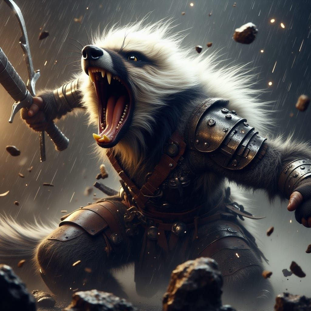  <lora:Battle Animals Flux:1.0> Anthropomorphic Battle Animal Skunk