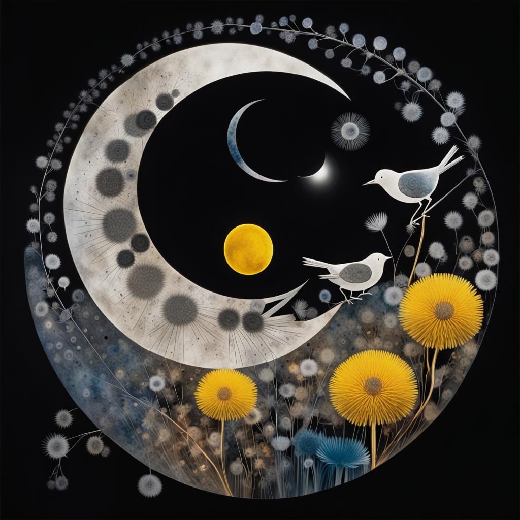 photogram of a moon   Birds and a sun bird   made of flowers...