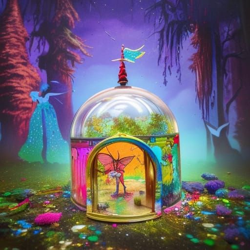 A Very Detailed glass dome fairy home in a fantasy wonderlan...
