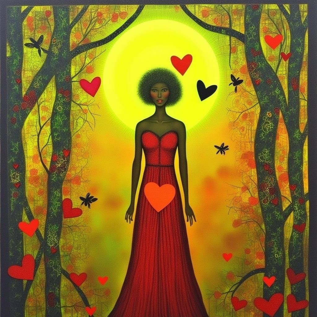 <lora:Heart Work:1.0> Older woman sunrise forest birds and bees and butterflies Heart 