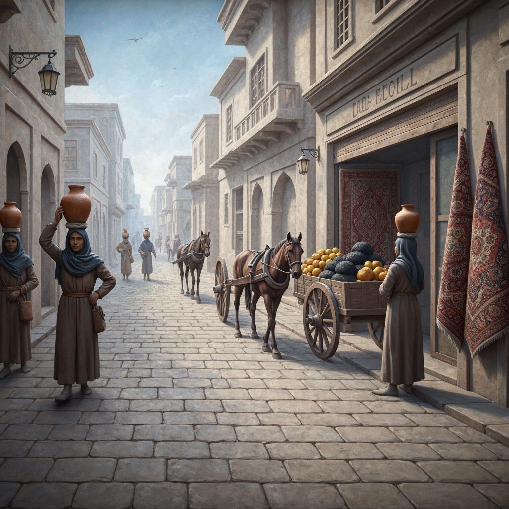 A low relief mural depicting a pictorial town straight streets in stone pathways, people with jars on ...  by @Marv