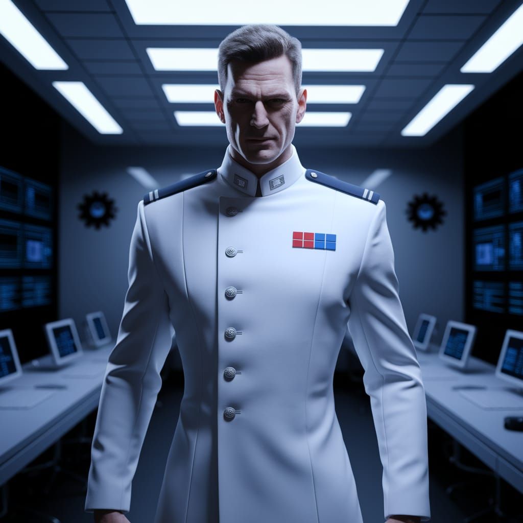 "Star Wars D6 RPG character portrait concept art. A sharp, imposing male Imperial officer in his early to mid-40s, with an athletic build. H...