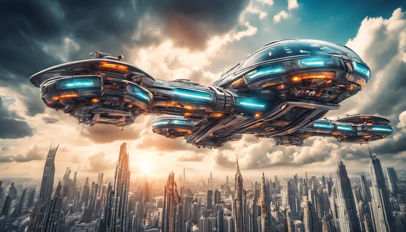 a futuristic incredibly intricately built city flying vehicl...