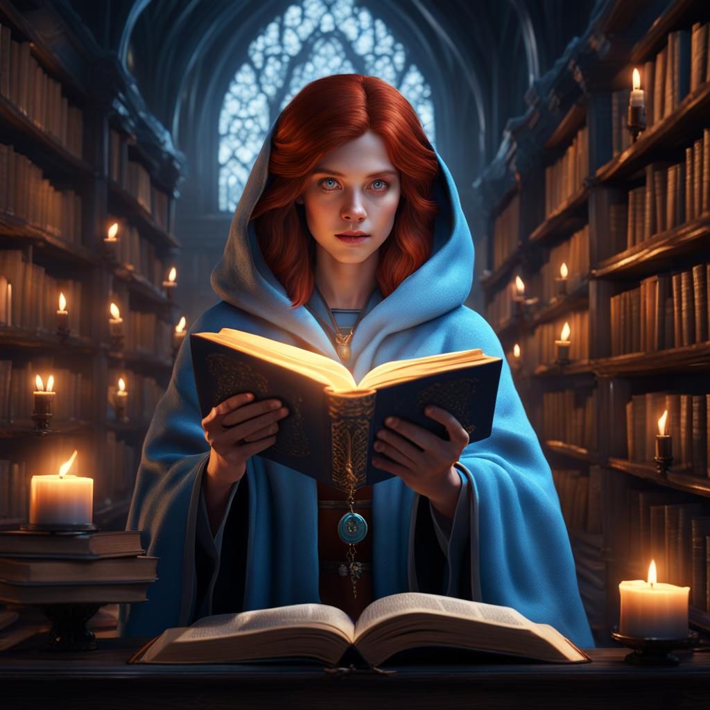 mystical girl with auburn hair and  grey eyes wearing a ligh...
