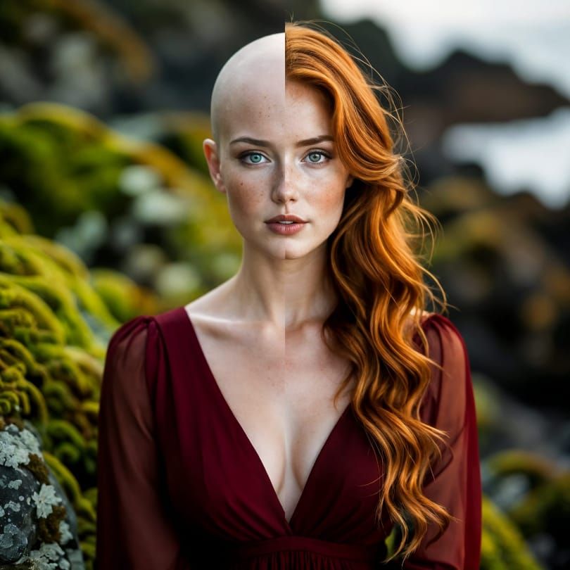 Split image of a gorgeous woman in red chiffon dress with on...