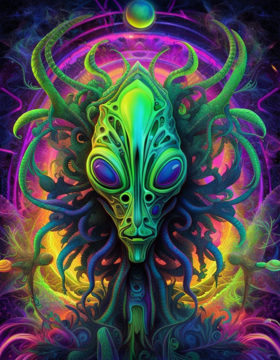 An alien digital psychedelic world and a mysterious alien ma...