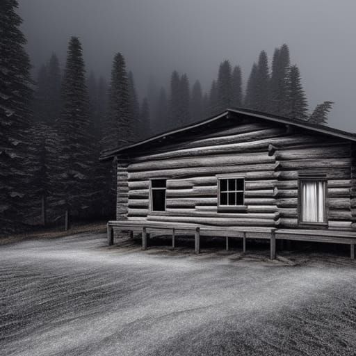 charcoal drawing log cabin