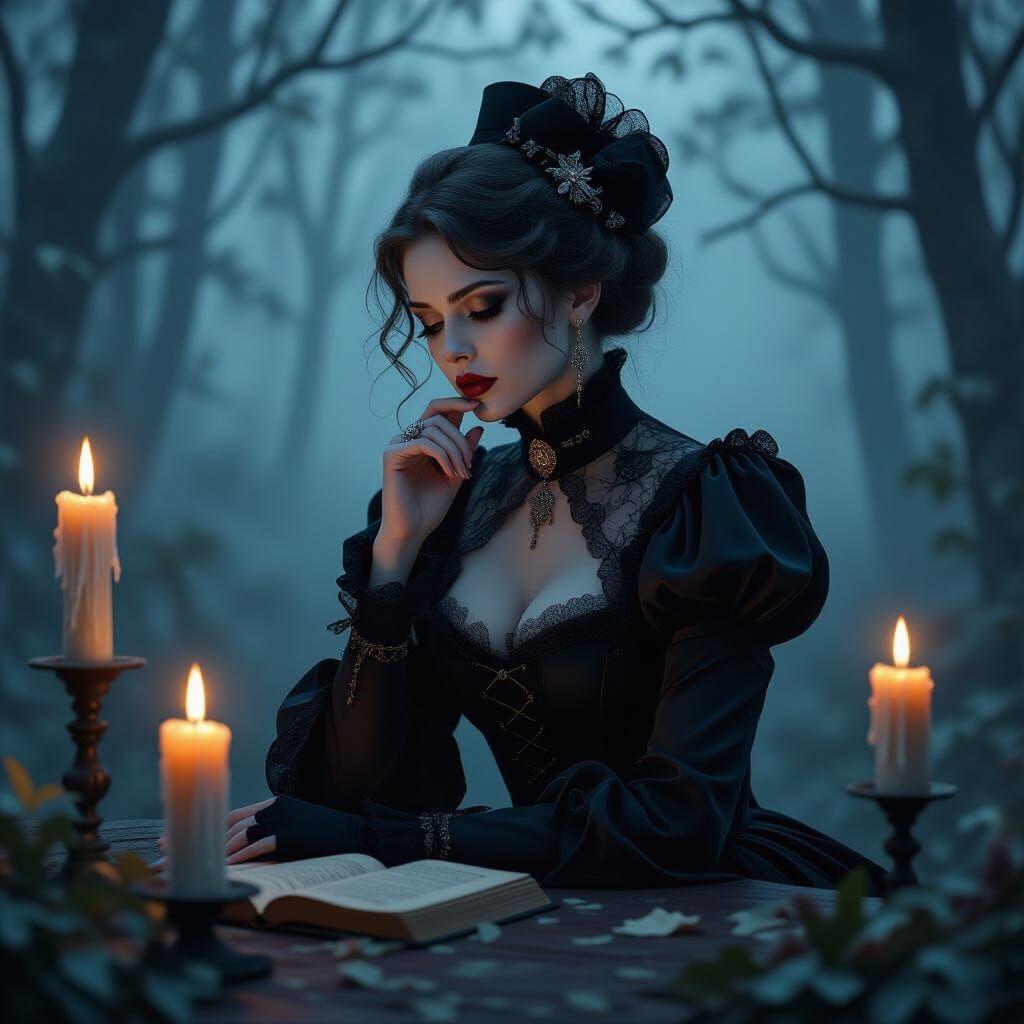 Melancholic Gothic Woman in Misty Forest